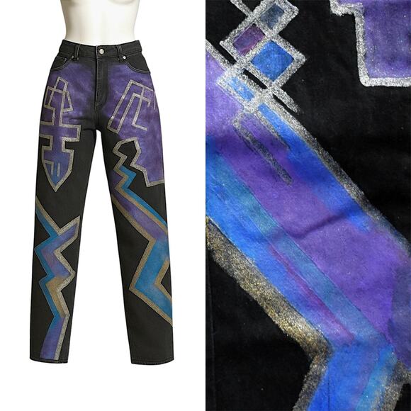 Vintage 80s Silverlake Wranglers Rocker Painted Black Straight Leg Jeans - Picture 1 of 10